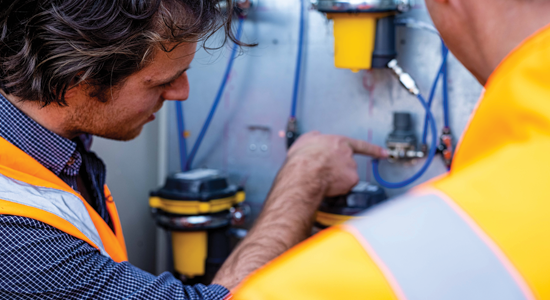 Workers inspecting water technology